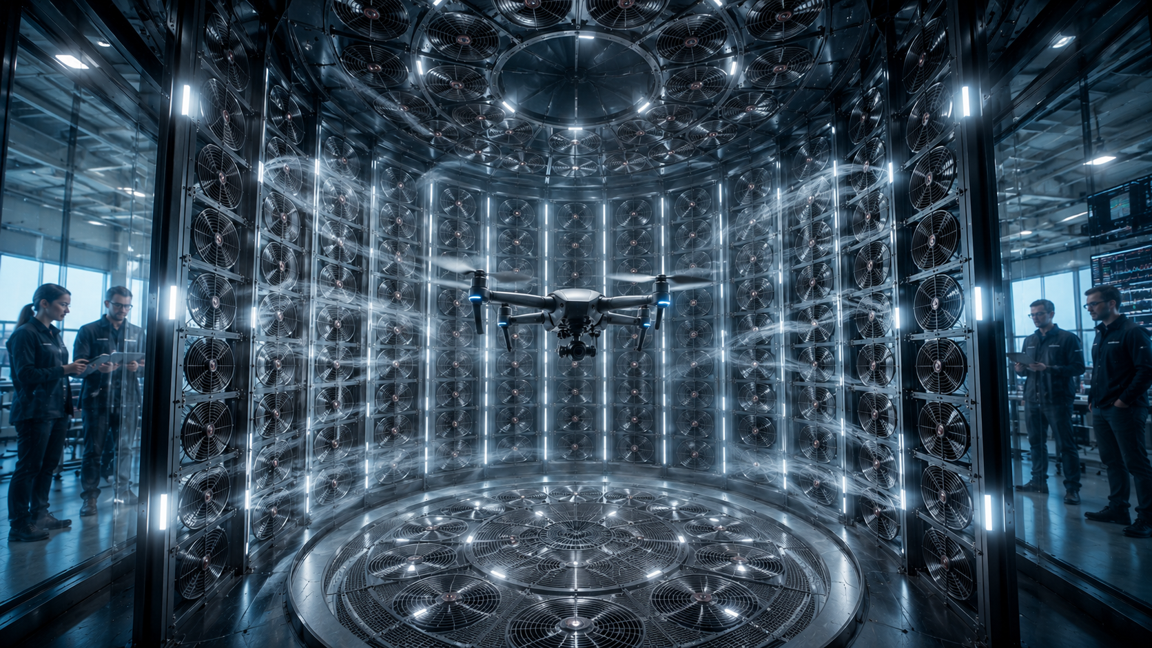 High-end drone hovering inside an AeroCage active airflow test chamber with engineers observing.