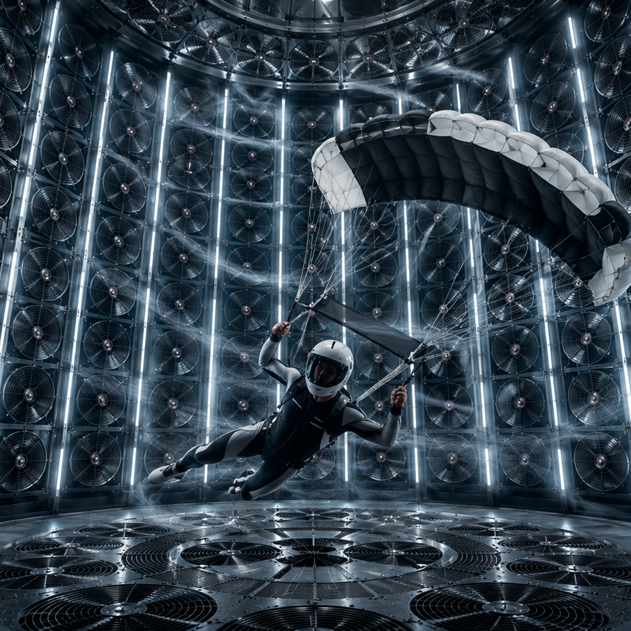 Canopy pilot flying inside a square-cropped AeroCage chamber surrounded by side-wall fans.